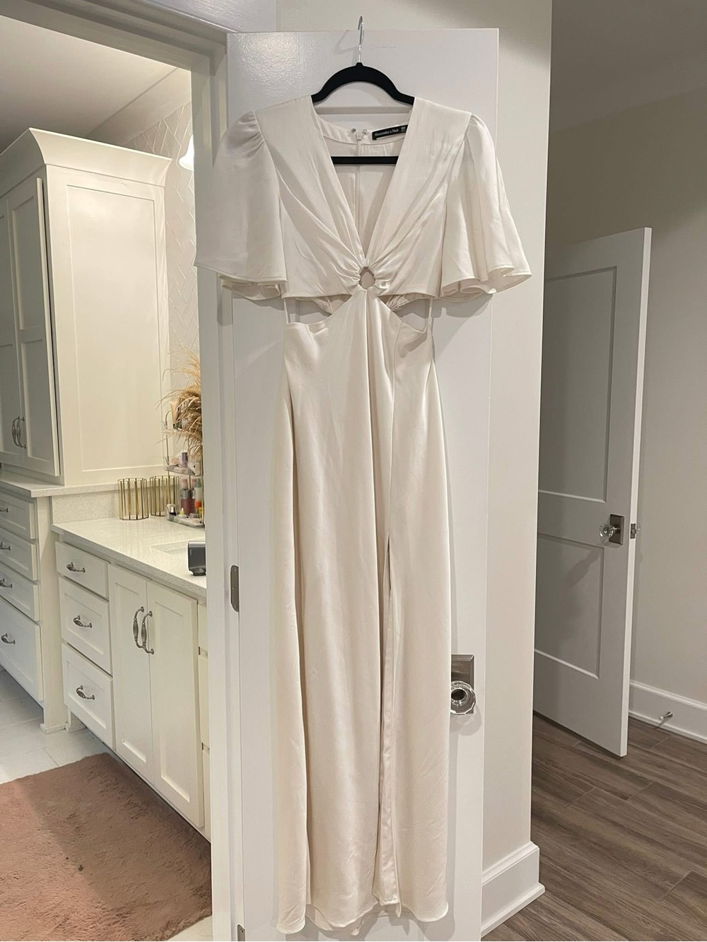 Elegant Ivory Satin Jumpsuit with Front Ring Detail